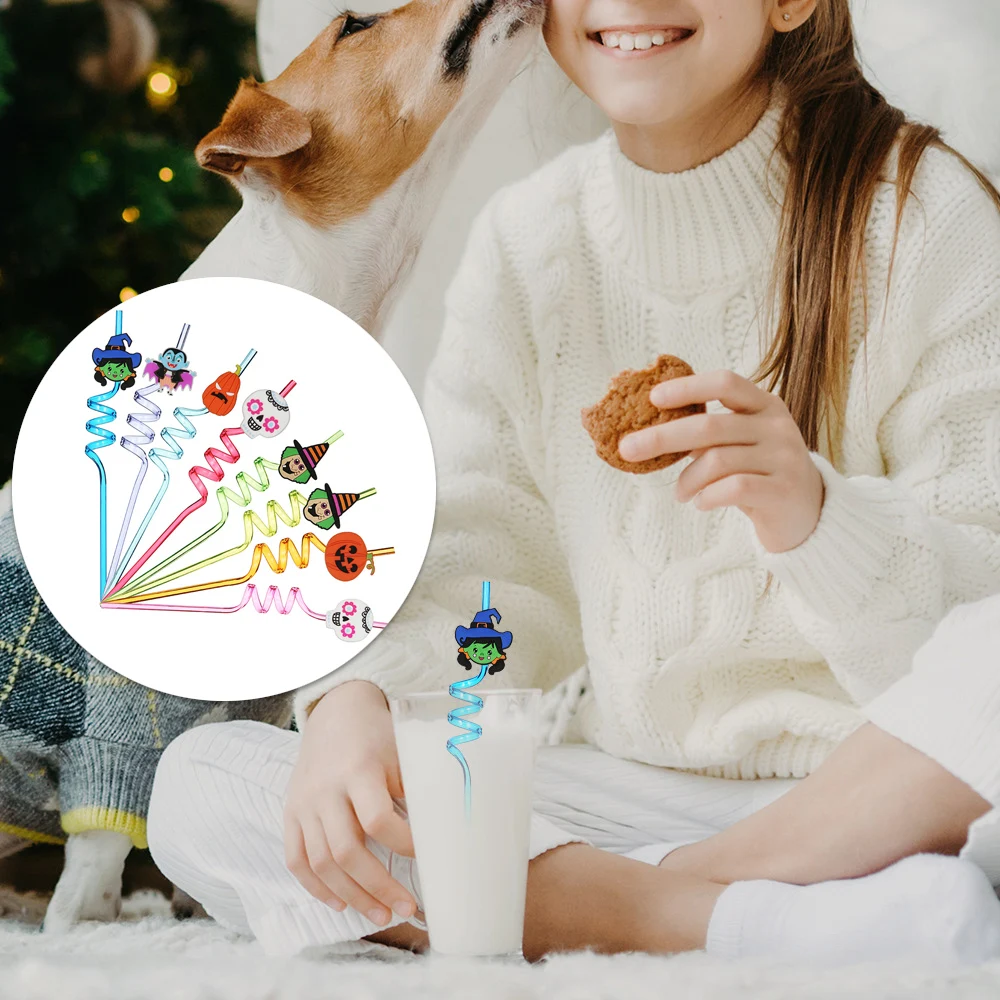 

24 PCS Halloween Drinking Straw Reusable Crazy Loop Straws with Cartoon Decors Seasonal Party Favors Clear Plastic Straw Home