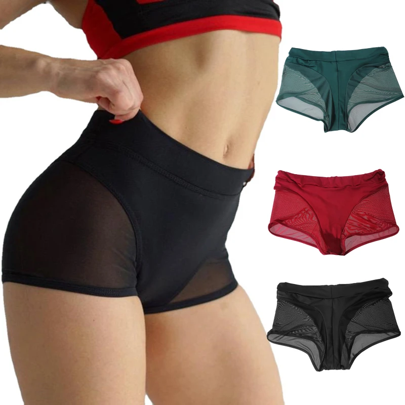 

Women Sexy High Waist Workout Fitness Shorts Female Cheer Booty Dance Shorts See Through Mesh Patchwork Pole Dancing Clubwear
