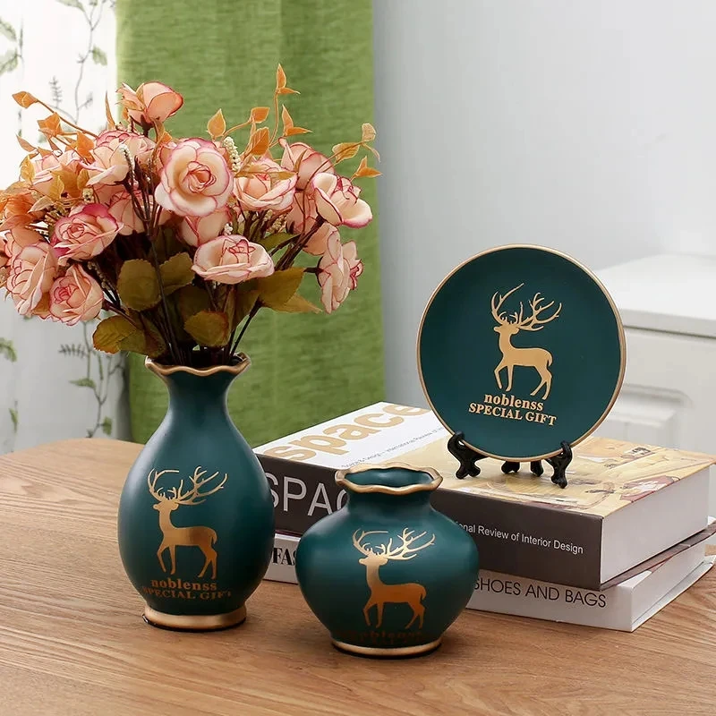 

3Pc/Set Mini European Ceramic Vase with Flower Arrangement Wobble Plate Living Room Entrance Ornaments Home Decorations