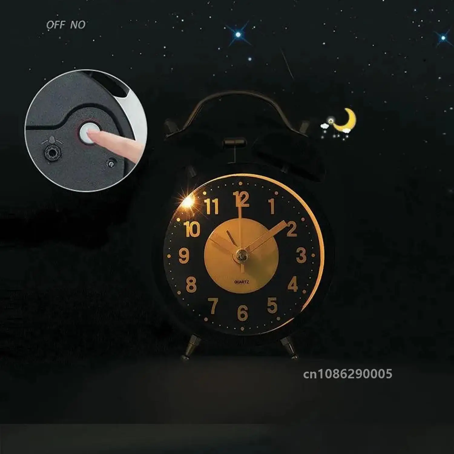 Ретро металлический двойной колокольчик-будильник с ночным светом бесшумные