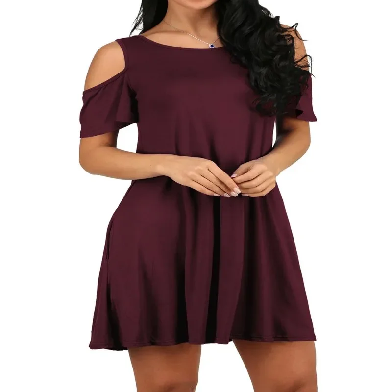 

Women Cold Shoulder Solid Color Party Dress with Pocket