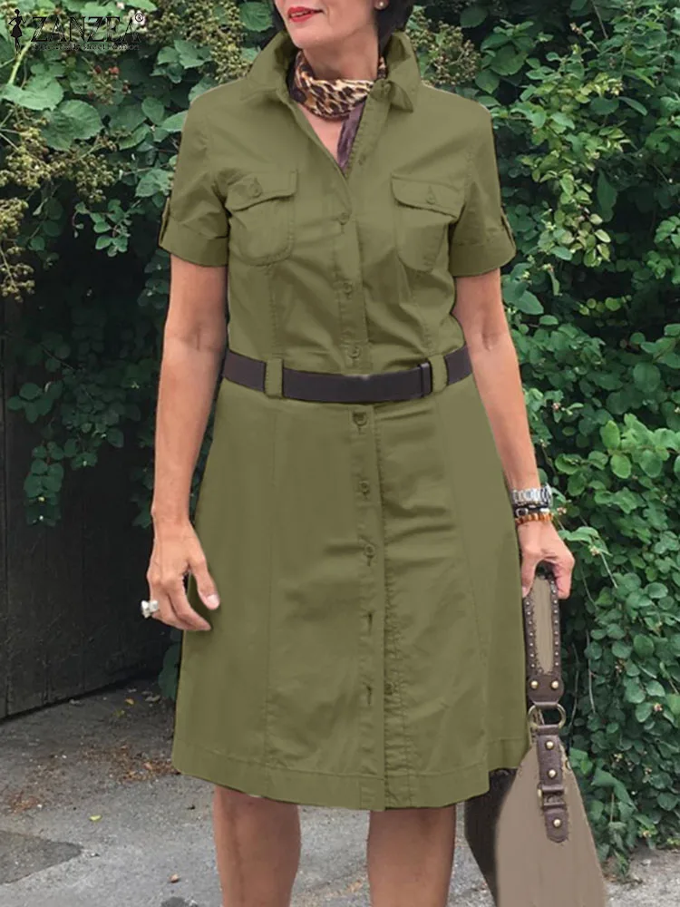 

Летнее платье-карго ZANZEA, женское платье-рубашка с отложным воротником и коротким рукавом, однотонные повседневные платья на пуговицах, халат, элегантный рабочий Сарафан