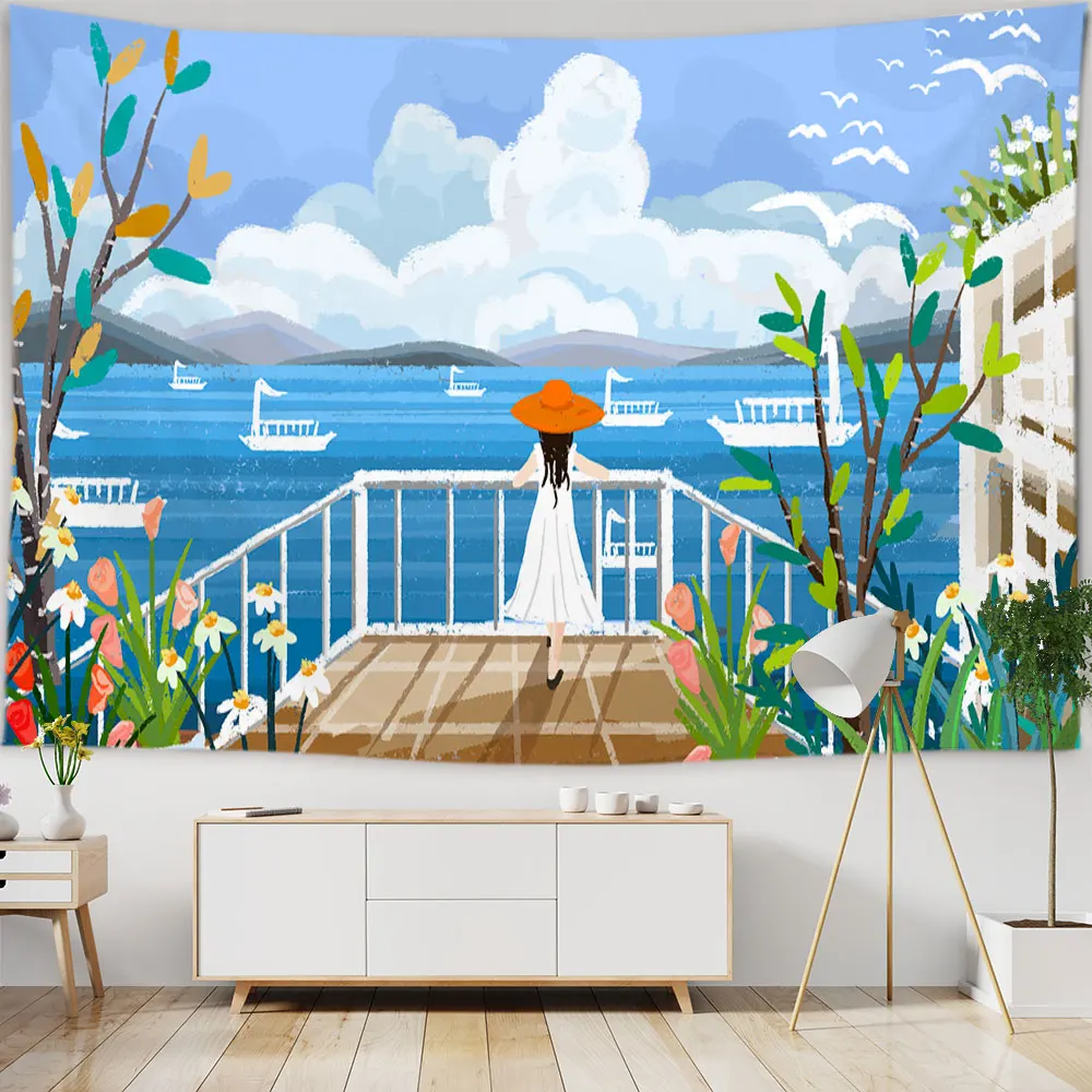 

INS Hand-Painted Oil Painting Girl Flower Tapestry Wall Hanging Landscape Art Painting Tapestries Home Decor Backdrop Ceiling