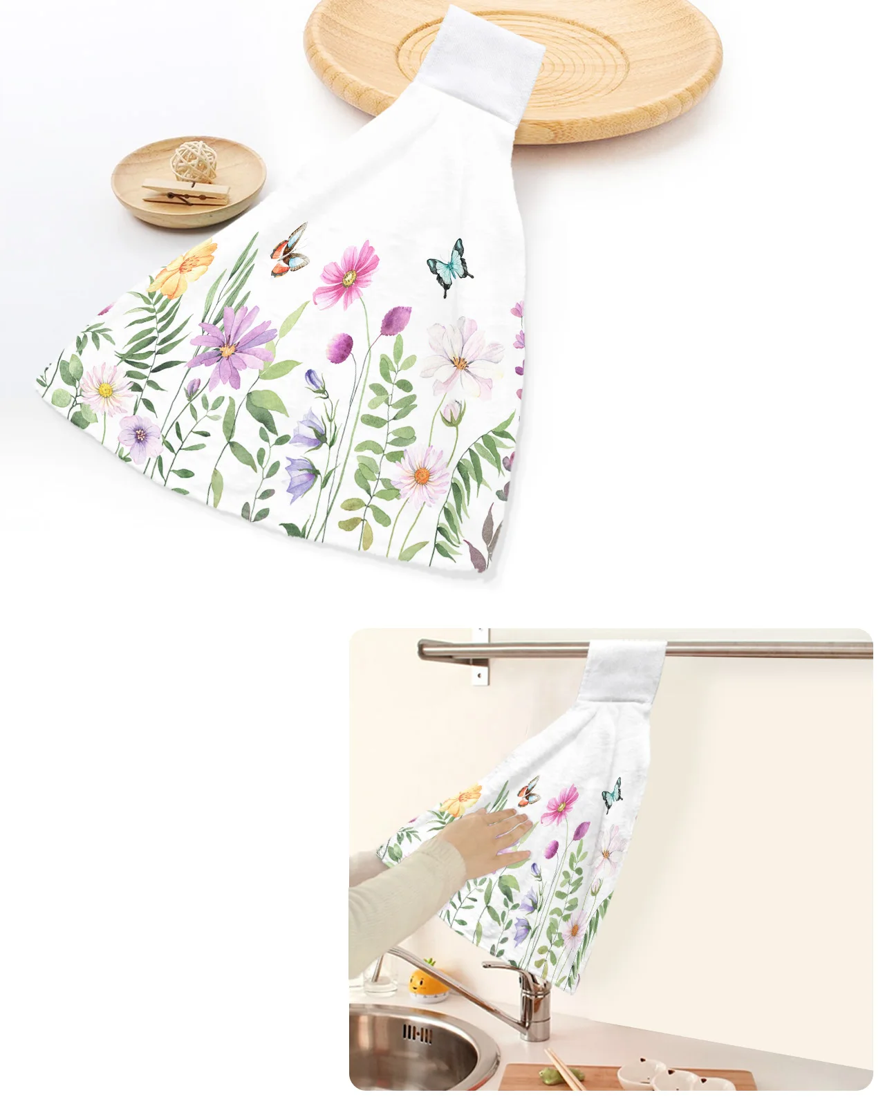 

Spring Flower Plant Leaf Butterfly Hand Towels Home Kitchen Bathroom Hanging Dishcloths Loops Soft Absorbent Custom Wipe Towel