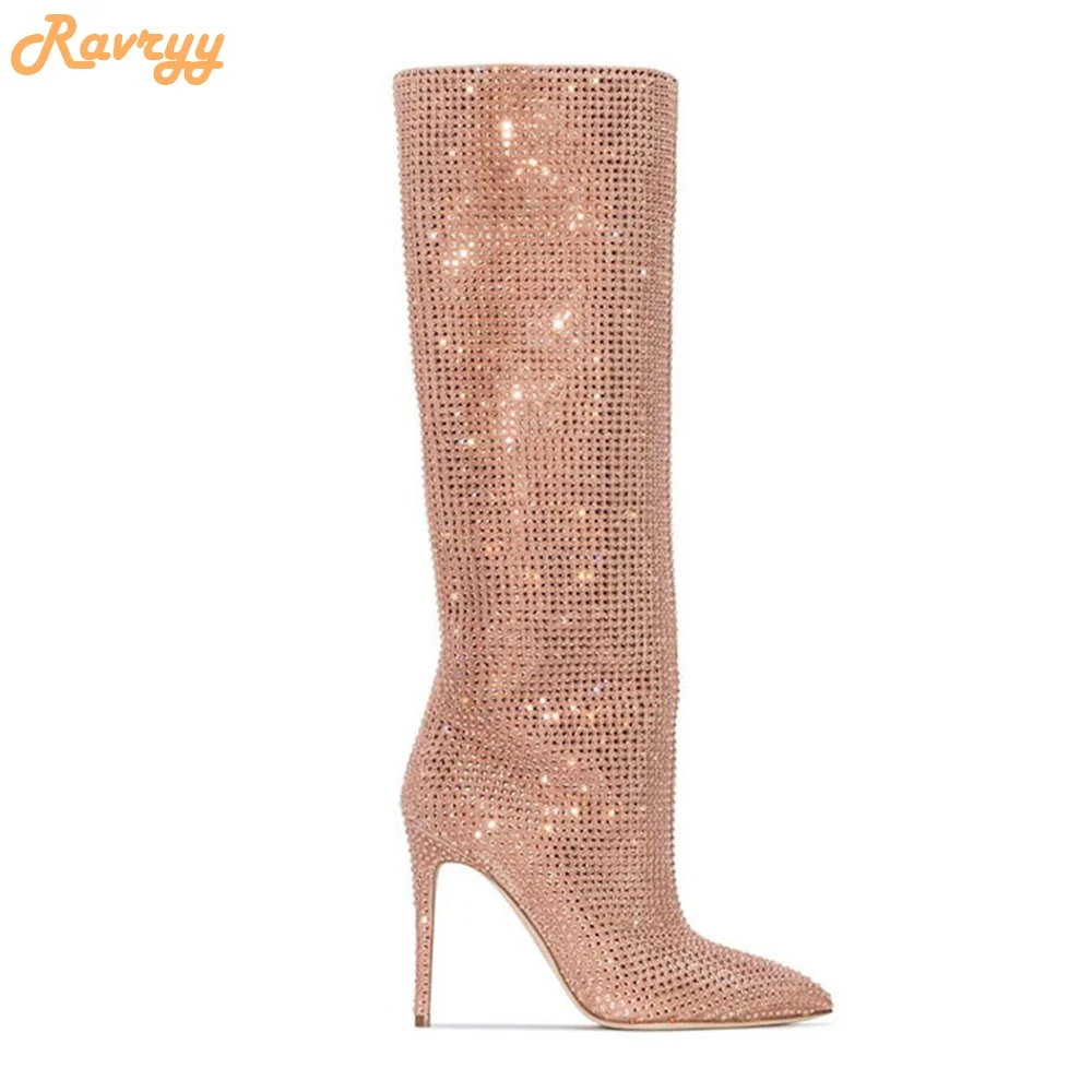 

Crystal Rhinestone Bling Bling Knee High Boots Pointed Toe Stiletto Heel High Boots Women Shiny Boots Runway Plus Size Boots