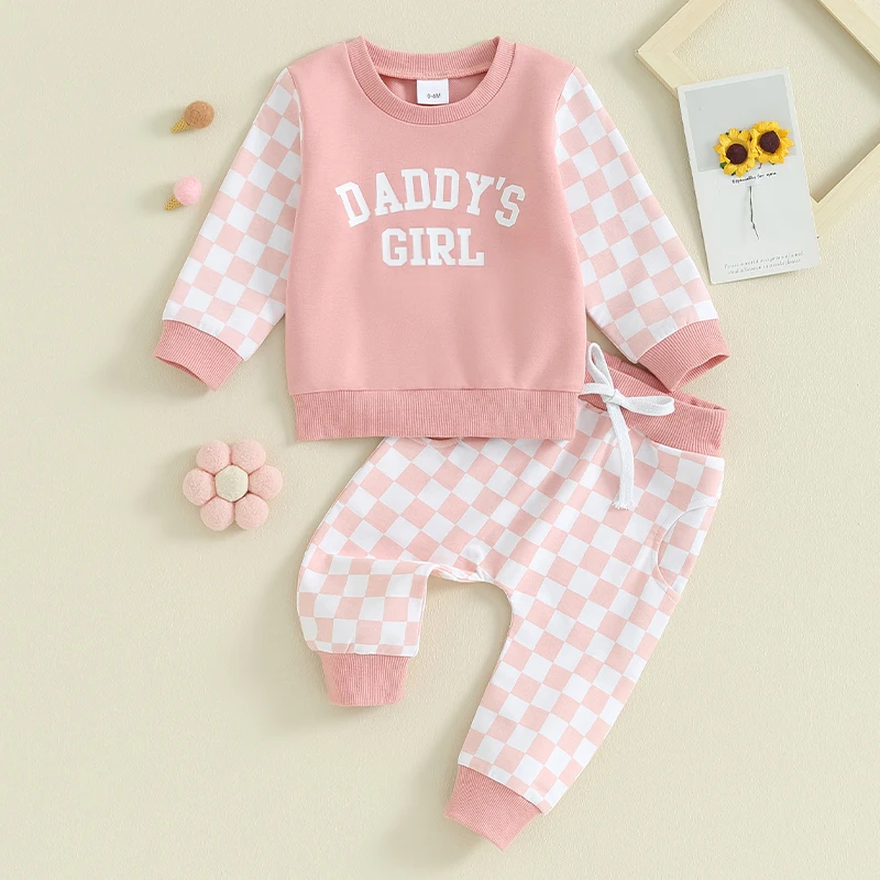 

Toddler Baby Girl Fall Outfits Daddy s Girl Long Sleeve Sweatshirt Checkerboard Pants Set Infant 2Pcs Clothes