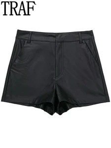 TRAF Faux Leather Shorts Women Black Casual Bermuda Shorts Woman Fall Fashion High Waist Shorts for Women Streetwear Women Pants