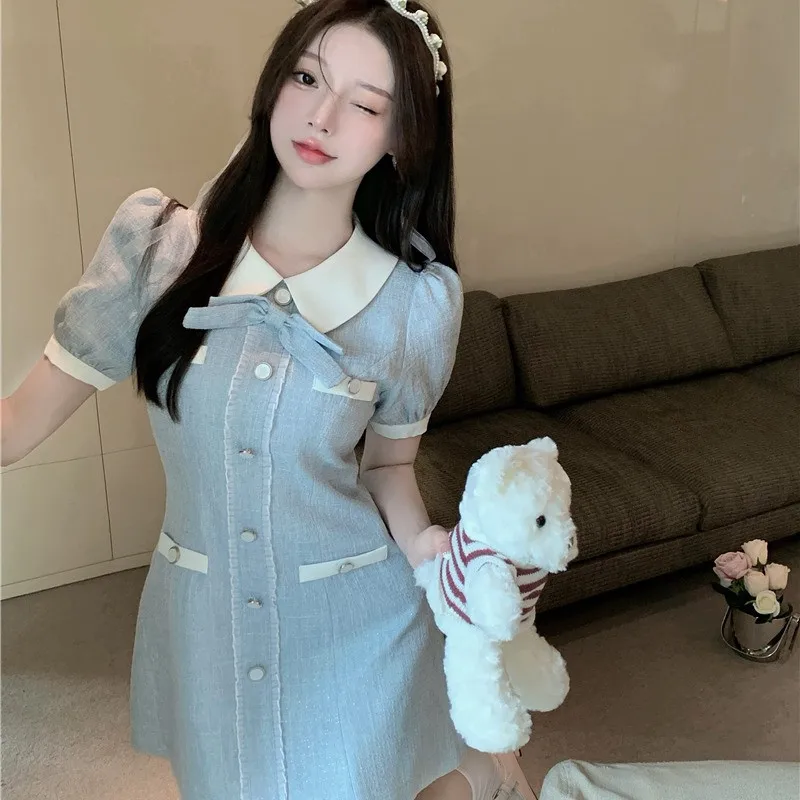 

Celebrity Cute Girl Bow Mini Dress French Fashion Color Contrast Short Sleeve Mini Dress New Summer Elegant Lady Party Dress