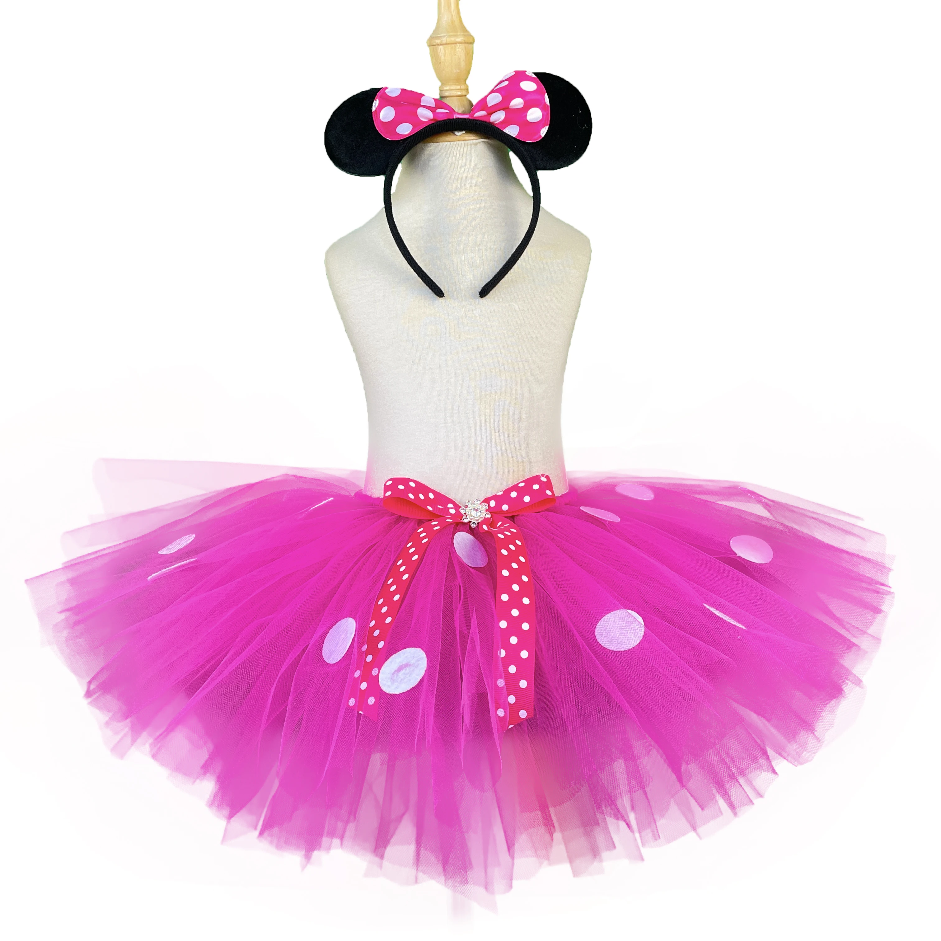 

Girls Pink Minnie Tutu Skirt Baby Tulle Underskirts Outfit with Hairbow Kid White Dots Skirt Children Halloween Birthday Costume