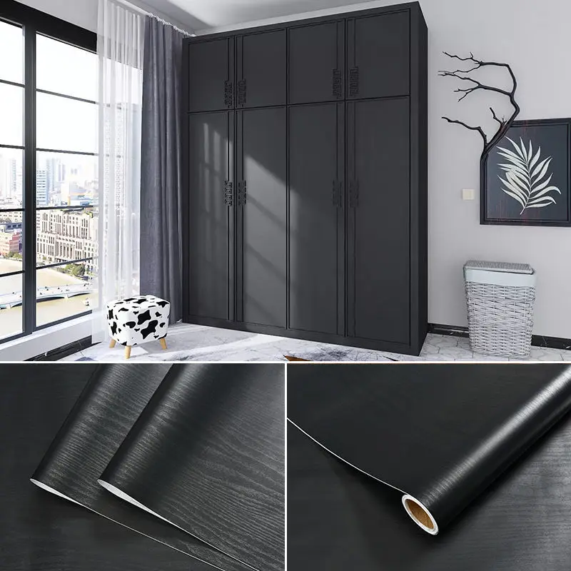 

Wood Stripe Black Wallpapers in Rolls PVC Self Adhesive Decor Contact Paper Cabinet Desktop Modern Furniture Decorative Stickers