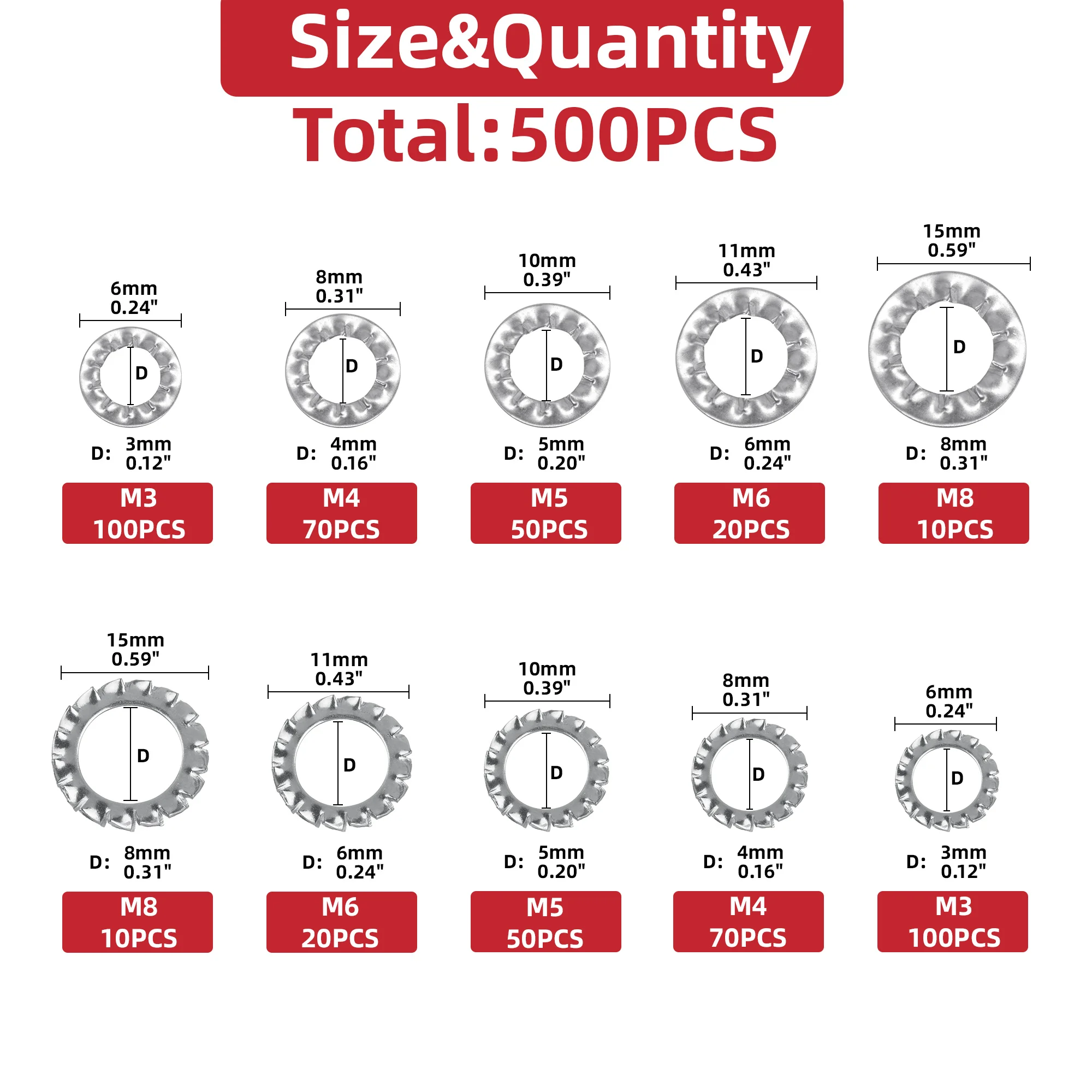 500 шт. метрические комплекты с внутренними и внешними зубчатыми шайбами M3 M4 M5 M6 M8