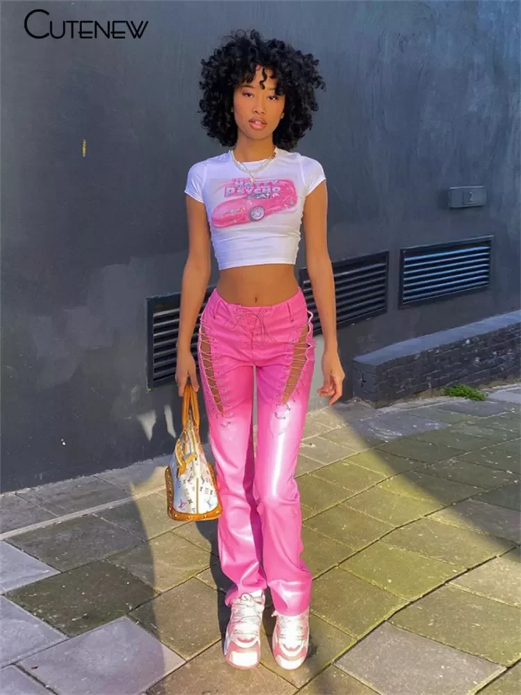 

New2022 Solid Color Hollow Out Bandage Hipster Straight Trousers Women 2021 Y2K PU Leather Fashion Street Style Pants Female Hot