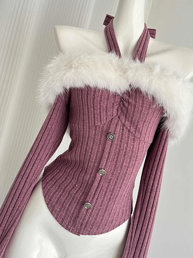 Зимний женский милый пушистый свитер с длинными рукавами трикотаж для девочек