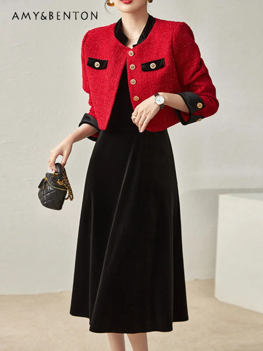 

Socialite elegant Western Style Tweed Short Coat + Black Velvet Suspender Dress Two-Piece Set for Women Autumn and Winter