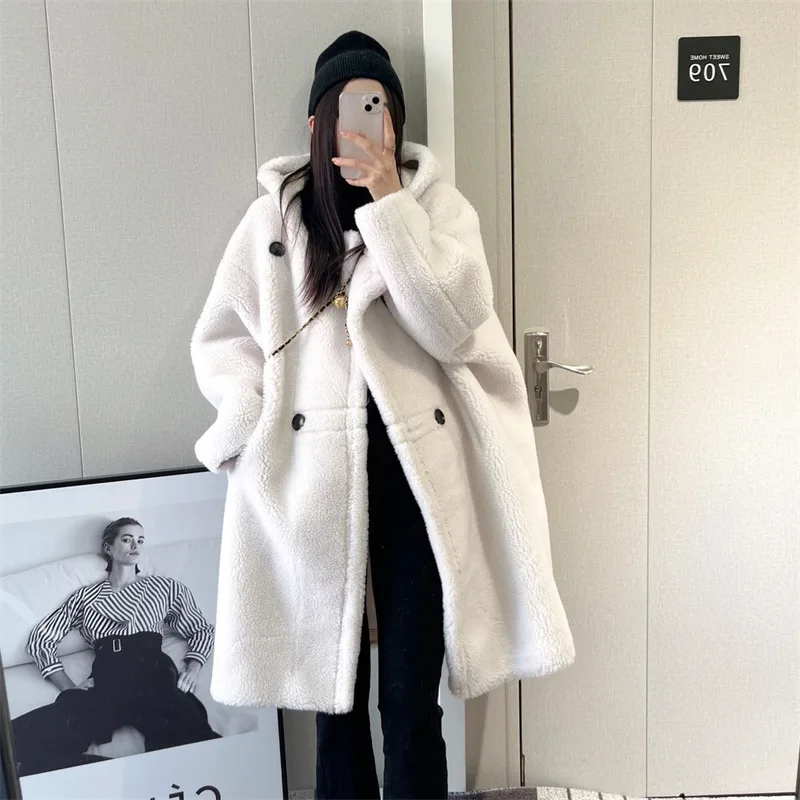 Autumn and Winter New Hooded Fur Coat Womens Medium Long Real Lamb Wool Sheep Sheared Fur Jacket Women