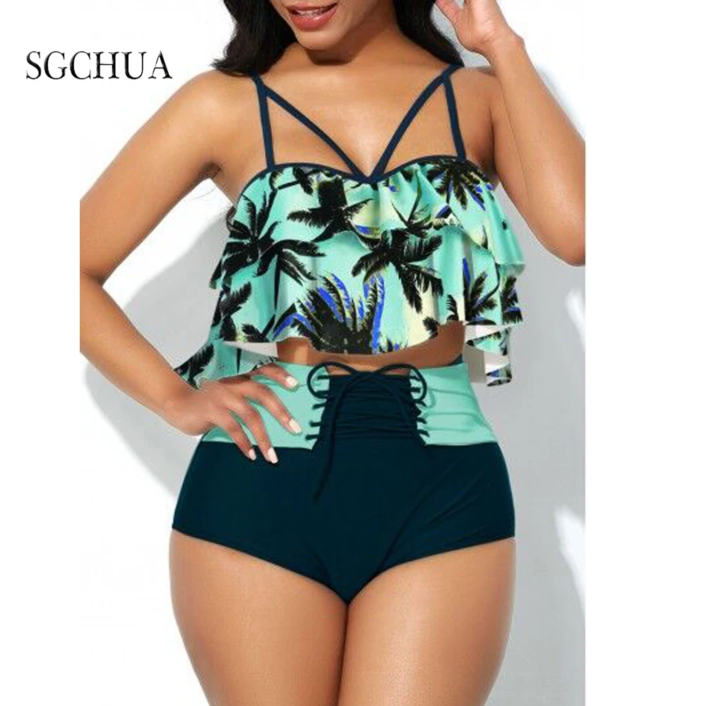 

2022New Arravial Coconut Tree Printed 2 Pieces BikiniSet Ruffled Biquini Famale Summer PlusSize High Waist Beachwear Bathing Sui