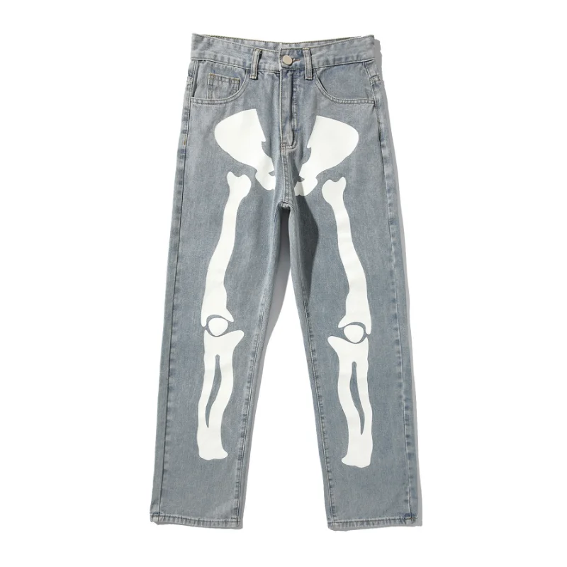 HOUZHOU Skeleton Jeans Pants Men Punk Halloween Print Straight Denim Trousers Male Loose Casual American Streetwear Hip Hop