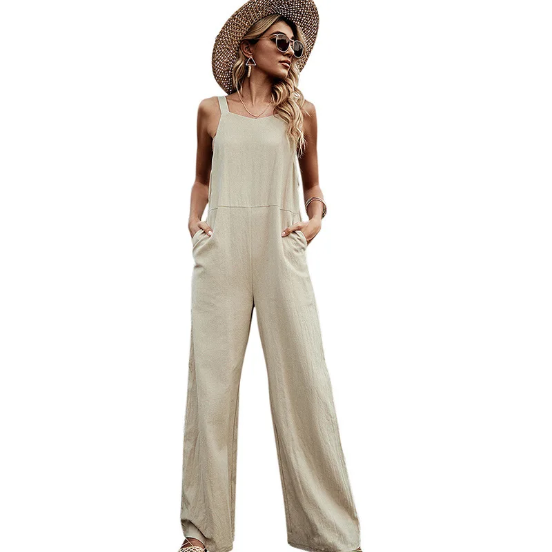 

New Women Loose Style Jumpsuit Cotton And Linen Long Patns For Women Sexy Backless Ladies Bodysuit Women Clothes Jumpsuits