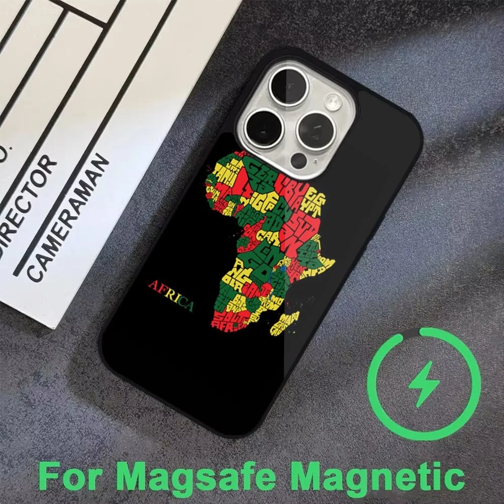 A-Africa Map Geogra Phone Case For iPhone 16 15 14 13 12 11 Pro Max Plus Mini Magsafe Magnetic Wireless Charging