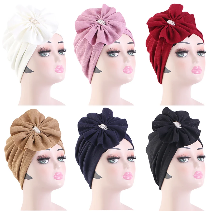 

New Women Big Flowers Turban Muslim Chemo Hair Loss Cap Hijab Pearl Beads Headwear African Headtie Party Bonnets Indian Hat