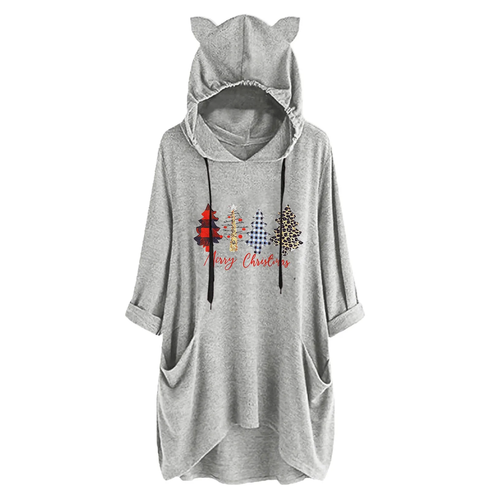 

Женская рождественская шапка с ушками Топ с длинным рукавом милый Принт с двумя карманами свободная толстовка с капюшоном теплые рубашки Ж...