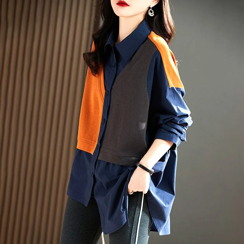 Knitted Cottonspliced Fake Two Piece Turn-down Collar Women Shirt Contrasting Colors Korean Thick Mid-length Women's Clothing