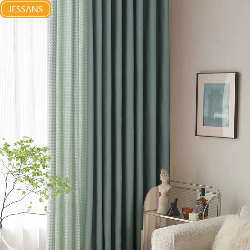 

Custom curtains 2022 new Nordic minimalist houndstooth color matching bedroom semi-shading living room customization splicing