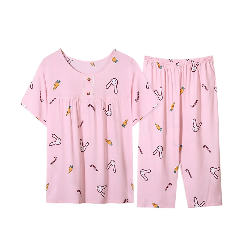 Summer New Cotton Silk Pajamas Women's Short-sleeved Artificial Cotton Pullover Suit Women Nightwear
