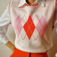 2021 fashion y2k sweet argyle cropped knitted vest sweaters za women patchwork sleeveless knitwear pink kawaii jumpers female