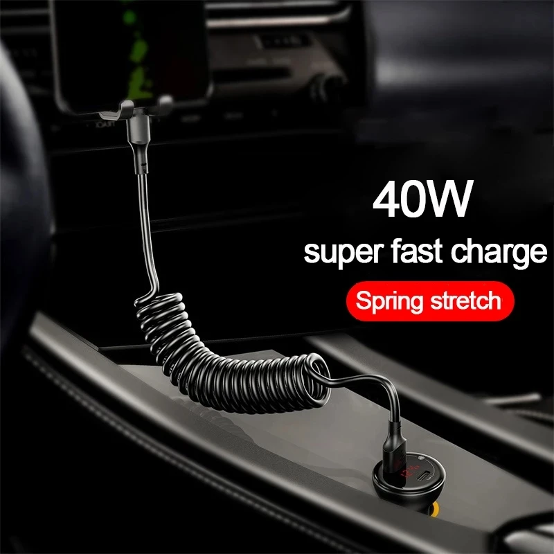 

40W 5A USB Spring Telescopic Cable Type C Micro Fast Charging Cord for Xiaomi 12 POCO X4 Huawei Samsung S22 Phone Car Data Cable