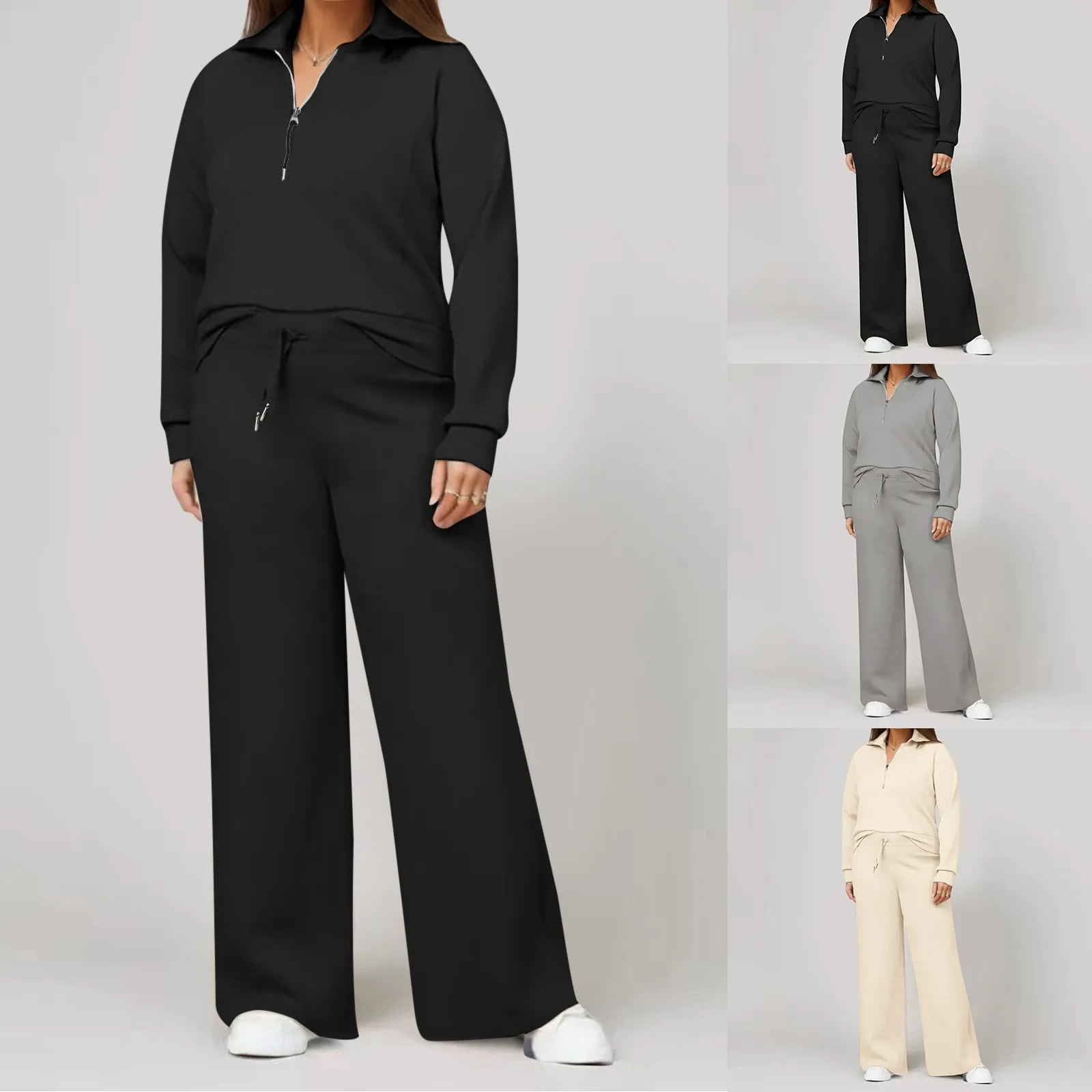 

Two Piece Sets Women Elegant Sports Zipper Sweatshirt+Long Pant Wide Leg Trousers Lapel Tracksuit Ensemble Femme Chandals Mujer