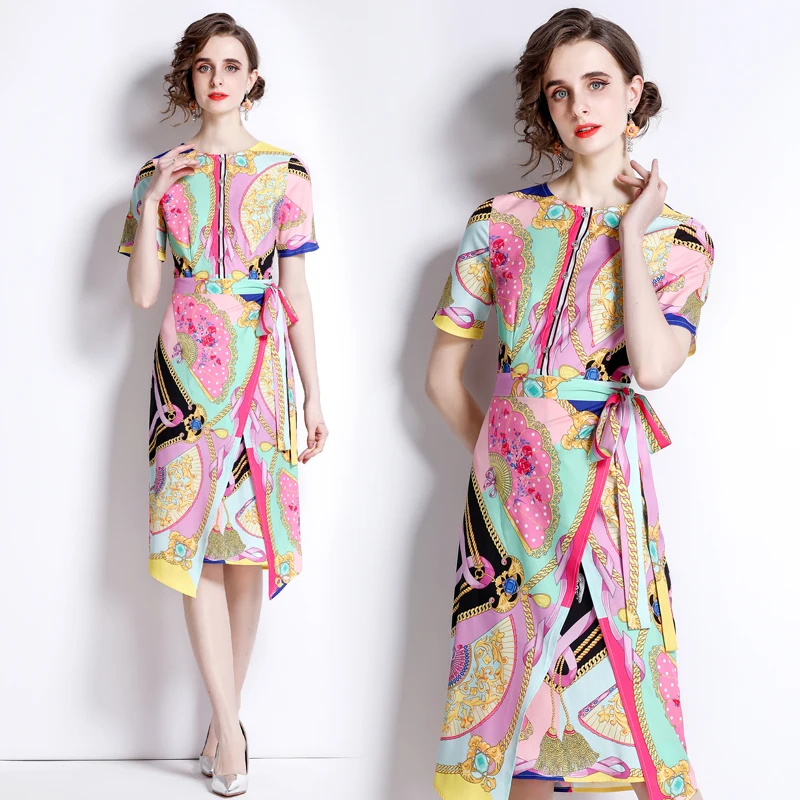 

2022 Summer New Women's Wear High-end Temperament Round Neck Short Sleeve Single Breasted Print Waist Lace Up Fashion Show Dress