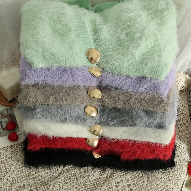 

Korean Mohair Sweater Coats Women Jacket 2022 Autumn Clothing One Button Short V-neck Knitted Sweater shorts Plush Cardigan Tops