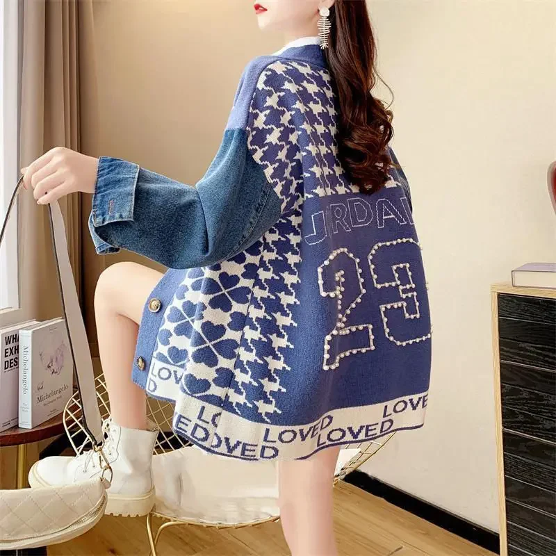 Женский джинсовый вязаный свитер Свободный кардиган оверсайз в японском стиле