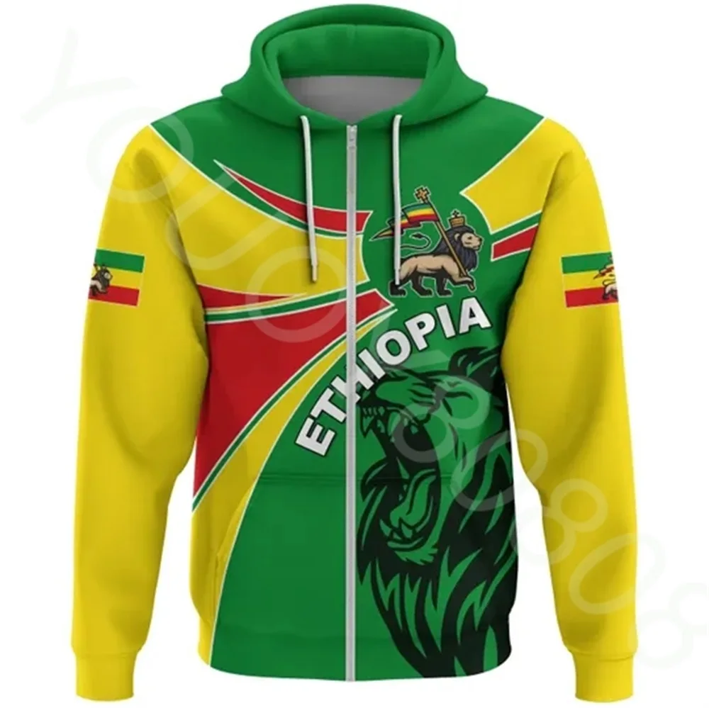 

African Region Country Flag Men's Casual Loose Crew Neck Hoodie Printed Sweatshirt Ethiopia Round Badge Lion Zip Hoodie