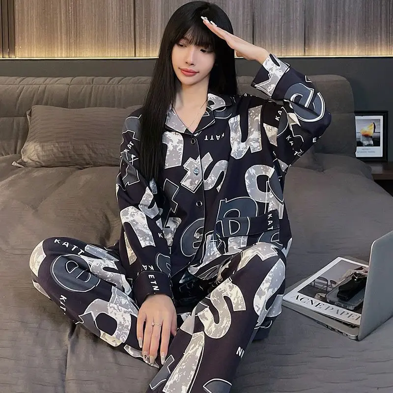 Pajamas Women's Spring Autumn New Loose Long Sleeve Cardigan Pijamas Two Piece Korean Cute Cartoon Sleepwear Home Clothes Set