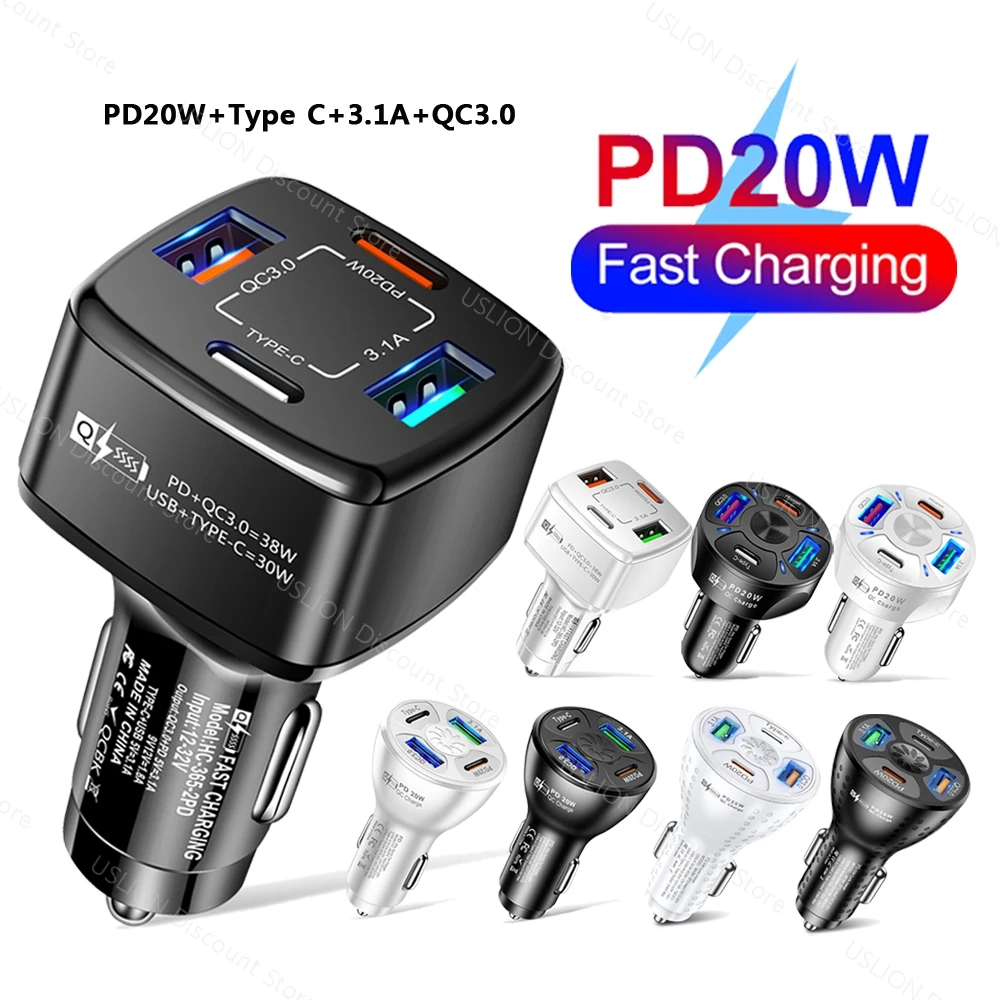

4-Ports PD 20W Car Charger QC 3.0 3.1A USB Type C Phone Fast Charger For iPad iPhone 13 Pro Max Xiaomi 12 Oneplus 10 Poco X4 GT