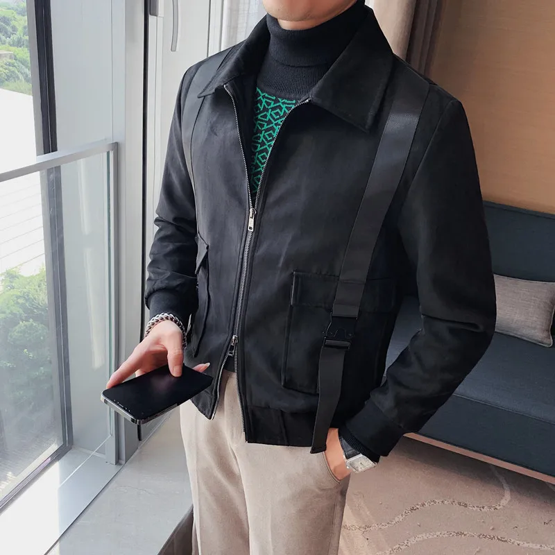 

Personality Splicing Design Fall Winter New Warm Jacket Solid Lapel Coat Men Casual Slim Fit Black Zipper Senior Sense Top Coat