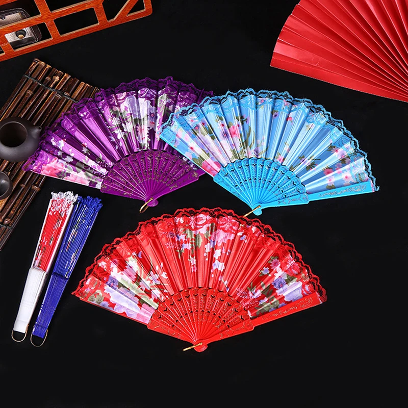 

Vintage Style Silk Lace Folding Fan Chinese Style Pattern Art Craft Gift Home Decoration Ornaments Dance Hand Fan