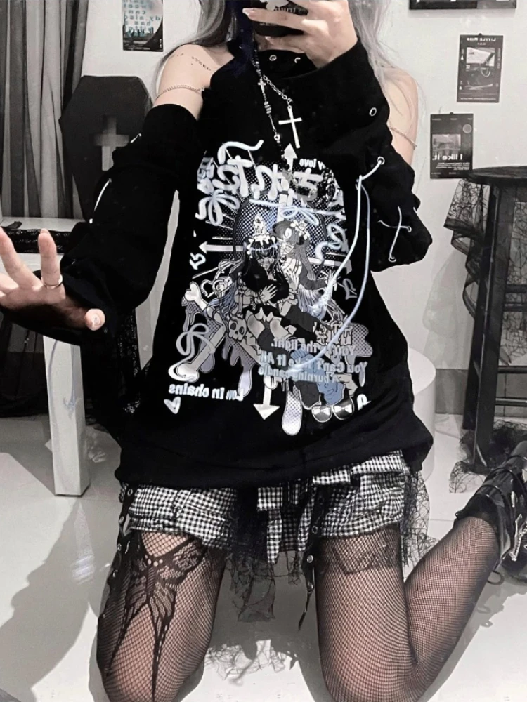 

Punk Gothic Streetwear Y2k Clothes Off Shoulder Cartoon Print Bandage Spring Autumn T Shirts Casual Loose Preppy Style Tops 2022