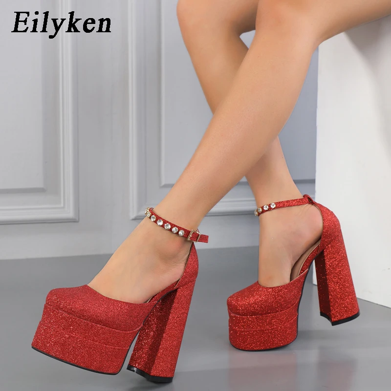 

Eilyken New Style Shiny Wedding Party Platform Women Pumps Sandals Summer Fashion Buckle Strap Thick Heels Ladies Shoes