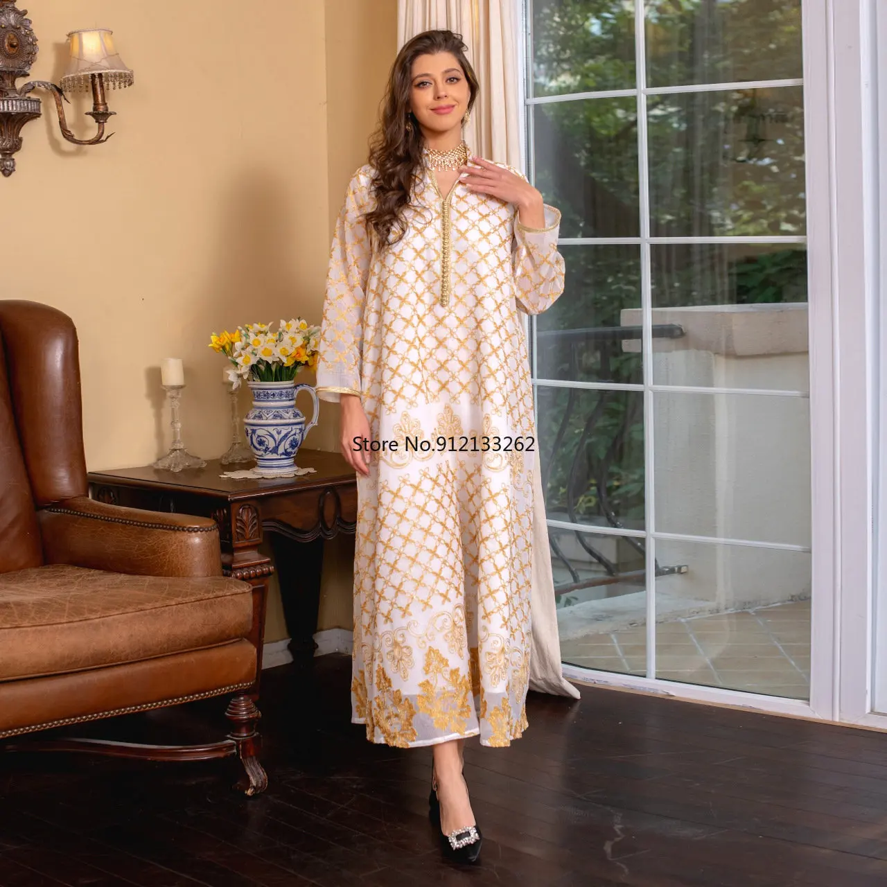 2023 Spring Summer Muslim Fashion Women Long Sleeve V-neck Polyester Embroidery Long Abaya Muslim Dress  Abayas for Women