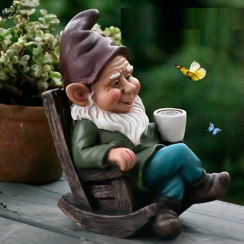 

Dwarfs Rocking Chair Garden Statue Art Figurine Drink Coffee Figure Sculpture Resin Craft Home Decor Accessories Christmas Gift