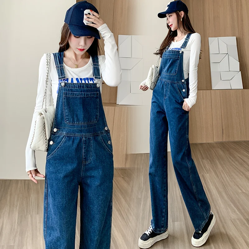 Denim strap pants women's pants versatile for commuting leisure and all-season wear retro blue loose dad pants wide leg pants