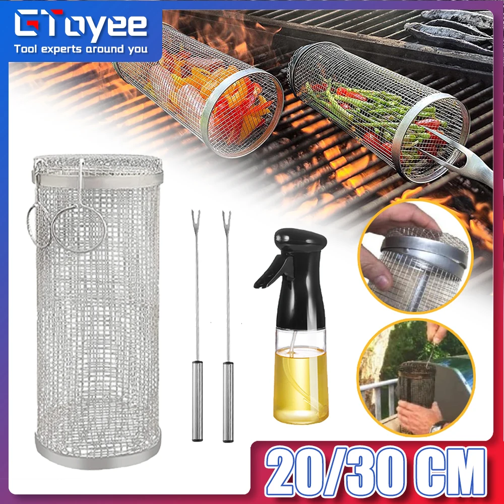 

Barbecue Rolling Grill Stainless Steel BBQ Basket Cylinder Mesh Camping Picnic Roast Meat Cage Outdoor Portable Cooking Supplies
