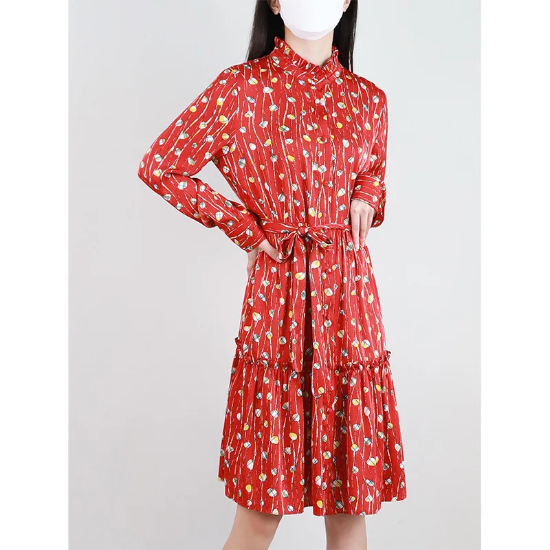 

Printed Dress Women Autumn Fashion 2022 New Stand Collar Long Sleeves Lace-Up Waist Slimming A-Line Casual Dress Knee Length
