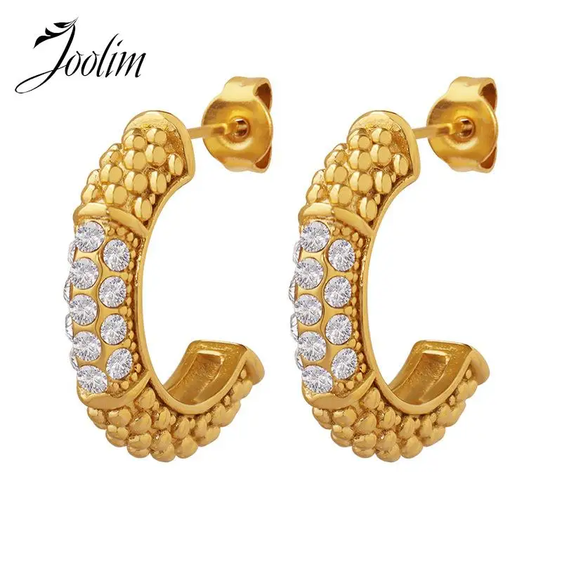 

Joolim Jewelry High Quality 18K PVD Plated Rough Vintage Designer C-shaped Zirconia Stainless Steel Hoop Earring for Women