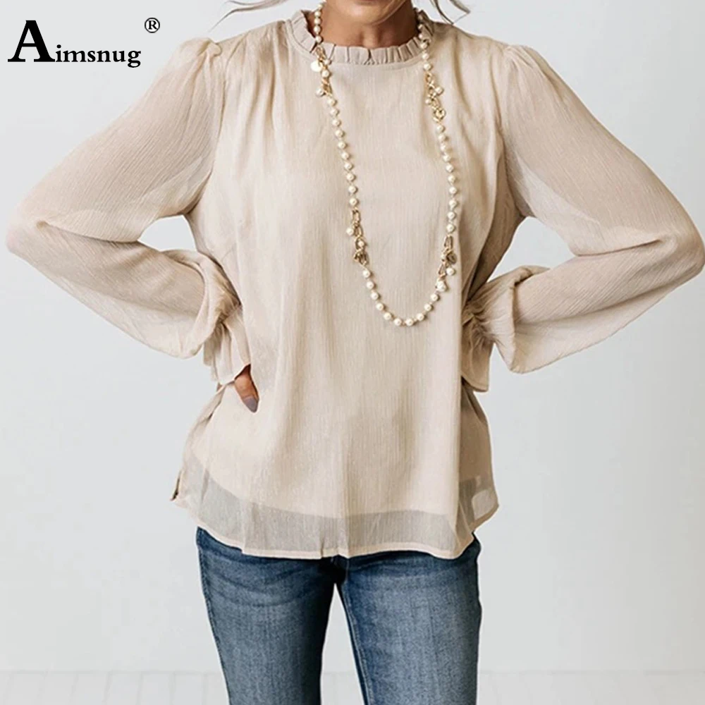 Aimsnug Women Elegant Leisure Casual Loose Shirt Blusas 2022 Summer New Fashion Top Pullover Long Sleeve Chiffon Shirts Clothing