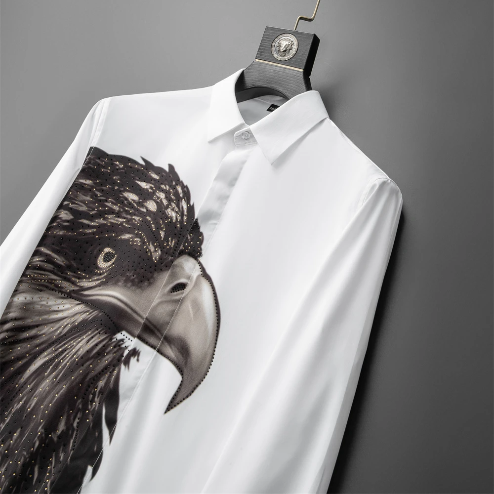 2022 Autumn Shirts for Men Long Sleeve Slim Casual Business Shirt Eagle Rhinestones Print Camisa Masculina Social Party Tuxedo