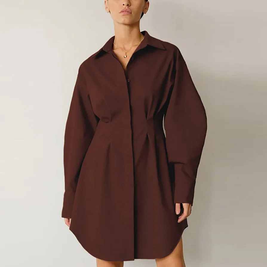 

New Women Dresses Lapel High Waist Long Sleeves Solid Color Shirt Dress Women's Korean Version Casual Sexy Retro A-line Skirt